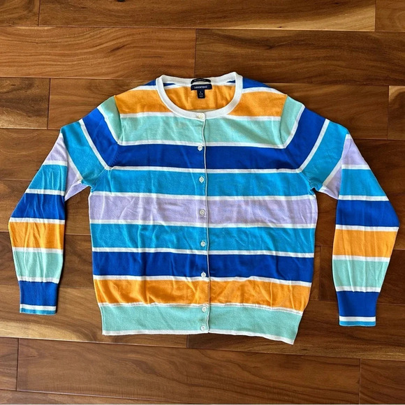 Lands’ End Tall Classic Supima Stripe Cardigan Sweater size Large - Picture 2 of 4
